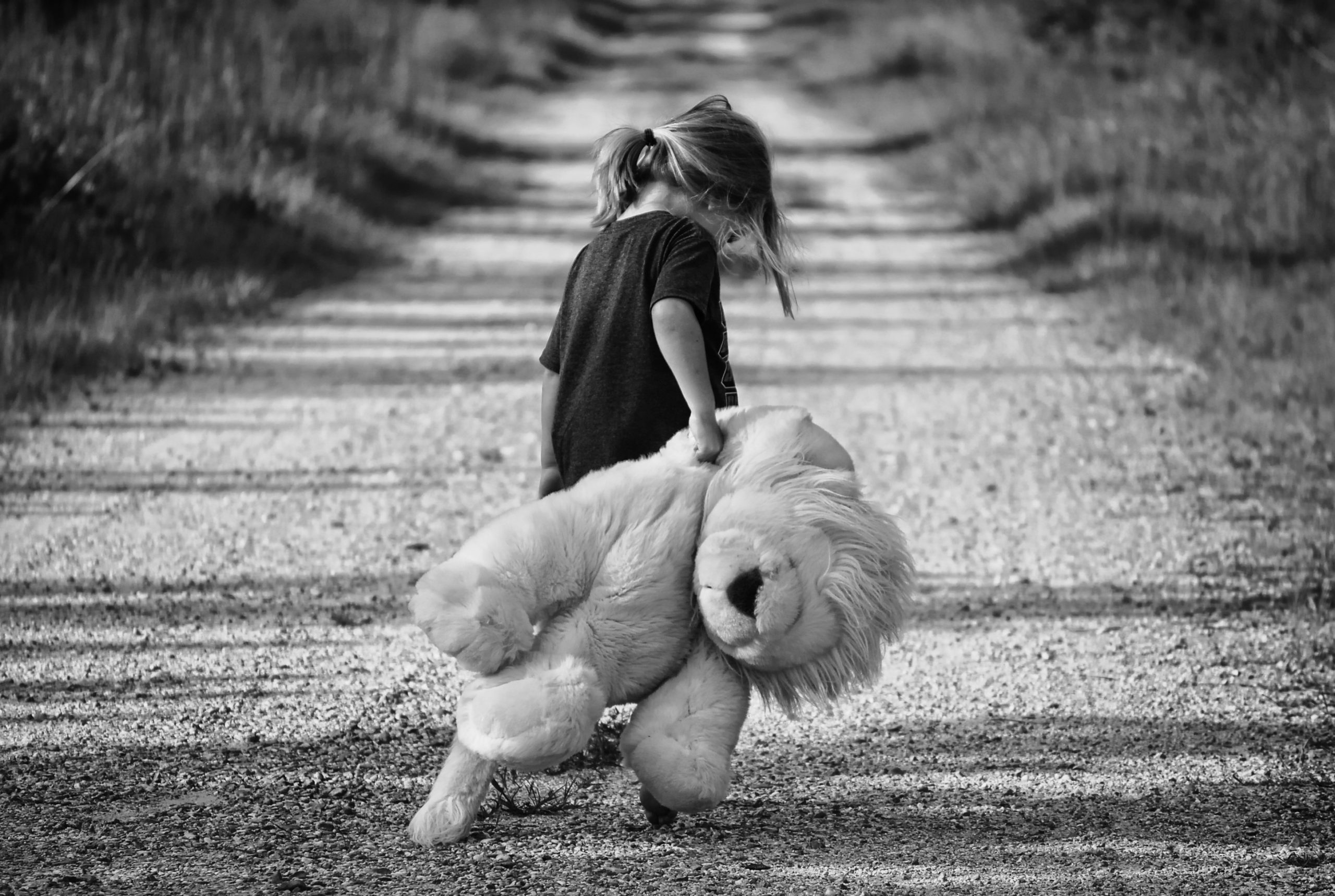Une petite fille marche sur une chemin seule et triste avec son ourson.